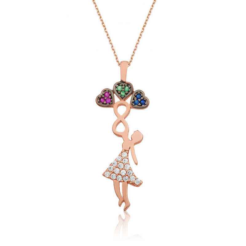 Girl Holding Three Hearts Silver Necklace