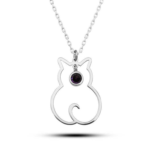 Collier en argent pour femme avec pierre de naissance de février et chat