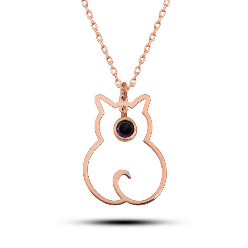 Collier en argent pour femme avec pierre de naissance de février et chat