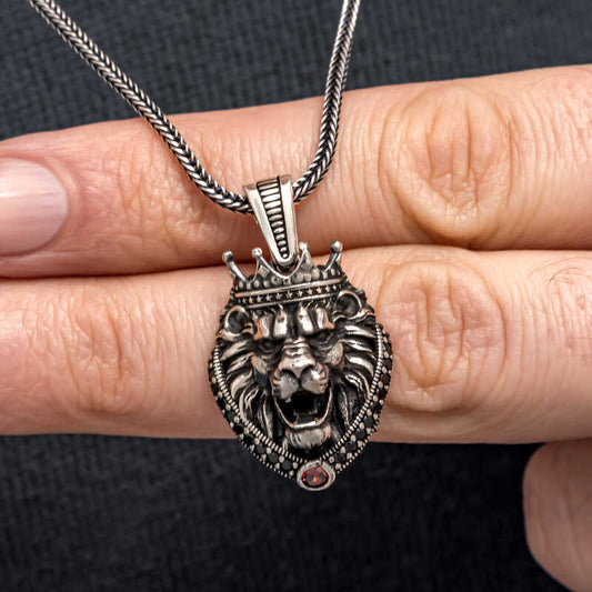 Crowned Lion Figure Men's Silver Necklace