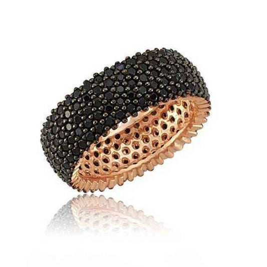Black Full Pave 5-Row Women's Rose Plated Silver Ring