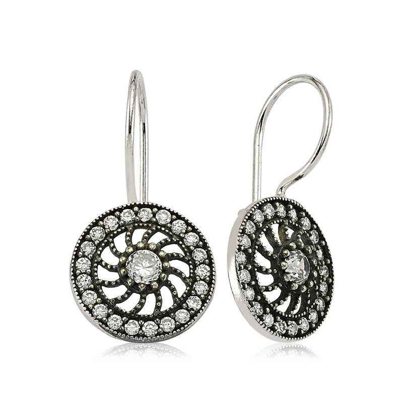 Stone Flower Dangle Silver Earrings