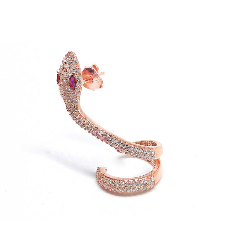 Boucle d'oreille simple cartilage serpent aux yeux roses en argent