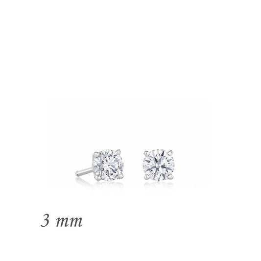 Round Single Stone Zircon Silver Earrings - 3 mm