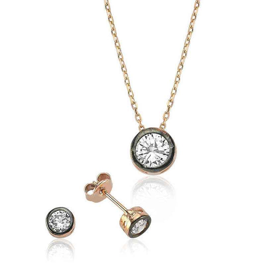 Round Single Stone Rose Plated Silver Women's Set