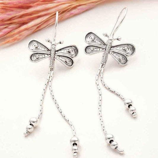 Silver Filigree Dangling Dragonfly Women's Earrings