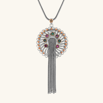 Silver Filigree Ruby Emerald Colored Stone Women's Necklace