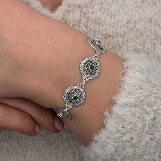 Filigree Emerald Stone Women's Silver Bracelet