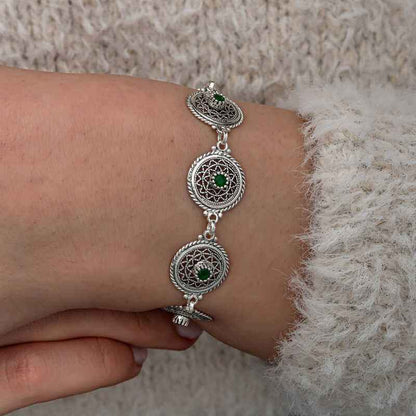 Filigree Emerald Stone Women's Silver Bracelet