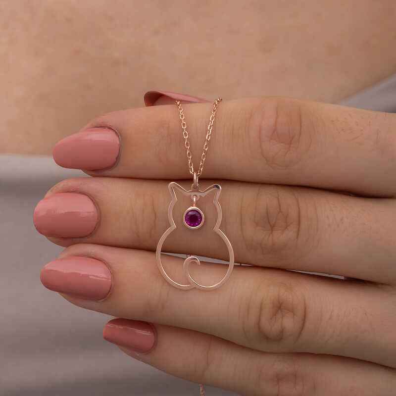 July Birthstone Cat Women's Silver Necklace