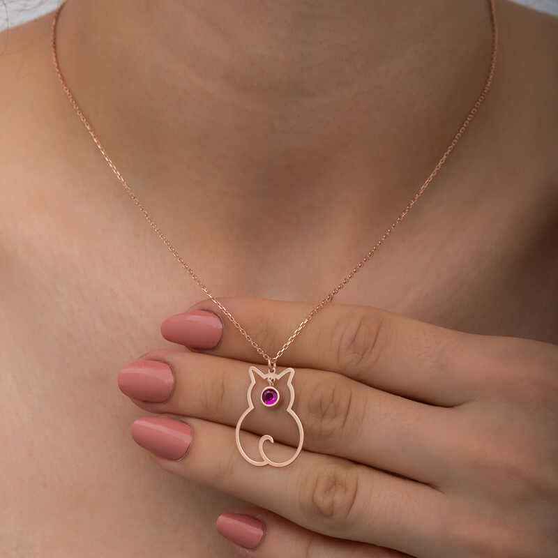 July Birthstone Cat Women's Silver Necklace
