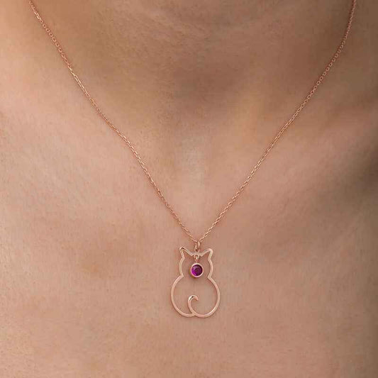 July Birthstone Cat Women's Silver Necklace