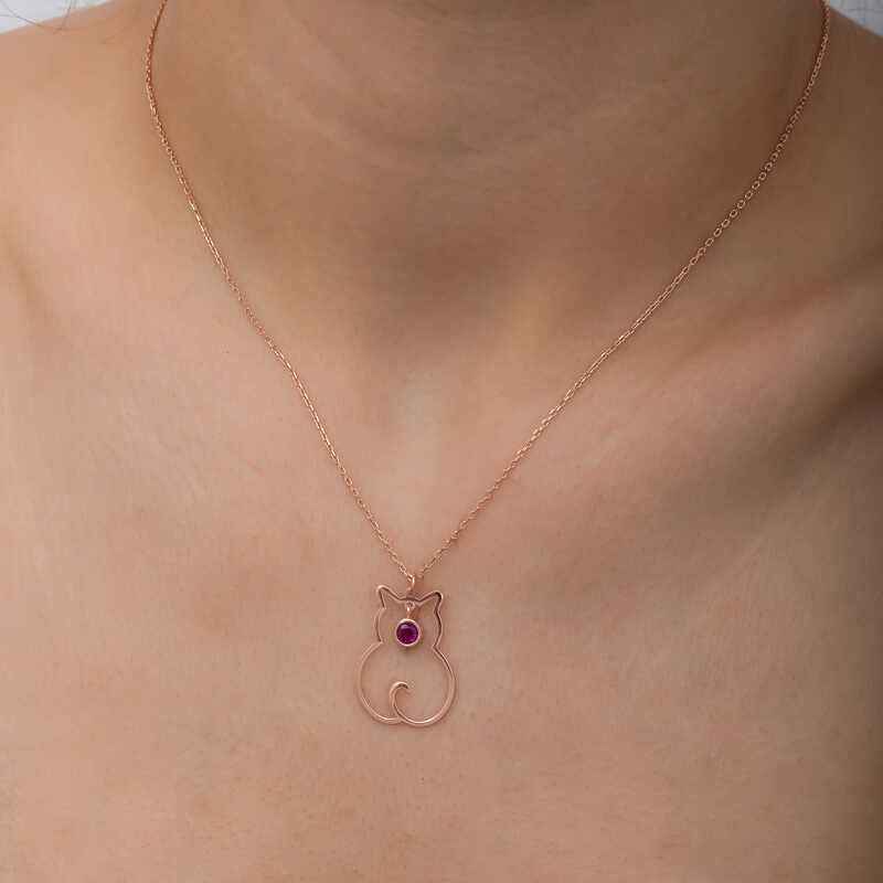 July Birthstone Cat Women's Silver Necklace