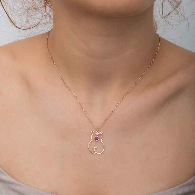 July Birthstone Cat Women's Silver Necklace