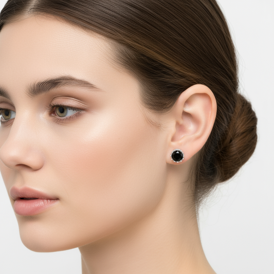 Black Single Stone Silver Nail Earrings