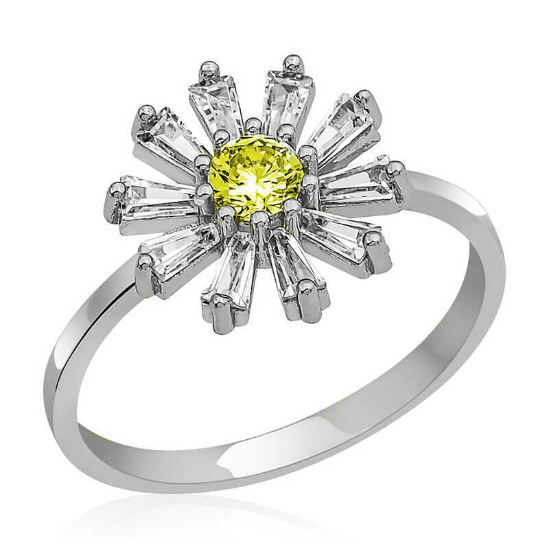 Bague en argent pour femme avec fleur en pierre jaune trapézoïdale
