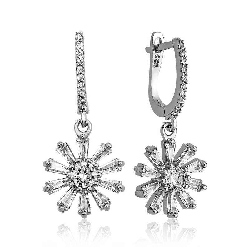 Flower Design Trapez Stone Women's Silver Earrings