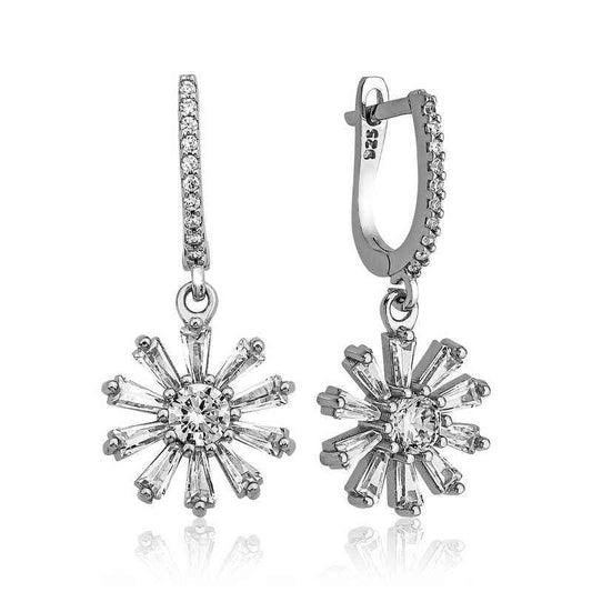 Flower Design Trapez Stone Women's Silver Earrings