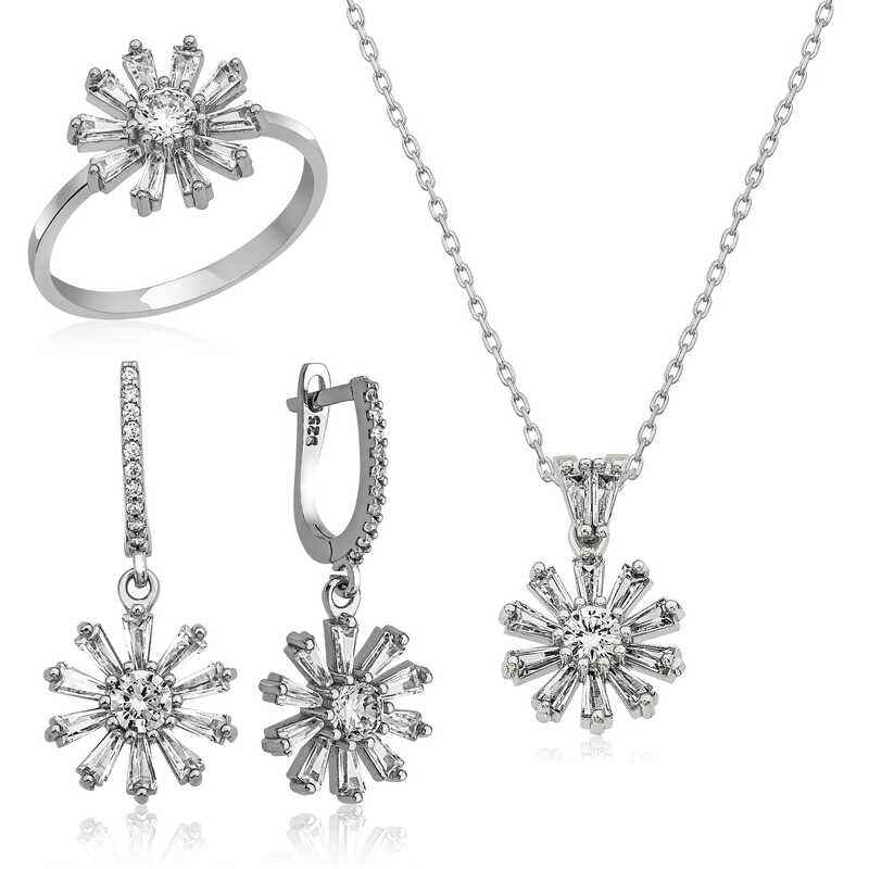 Trapez Stone Flower Women's Silver Set