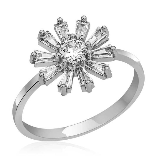 Bague en argent pour femme avec pierre trapèze et fleur