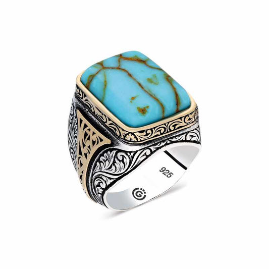 Turquoise Line Transition Stone Square Men's Silver Ring