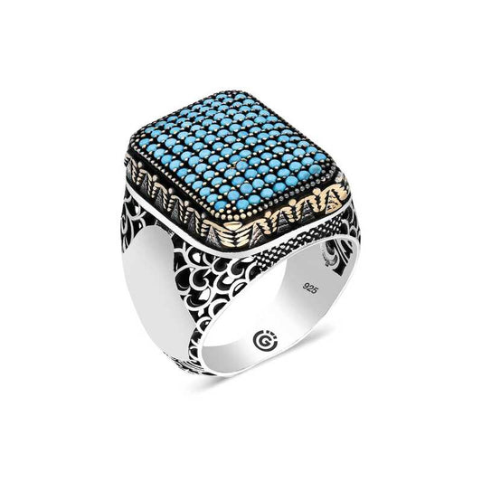 Turquoise Zircon Stone Square Men's Silver Ring