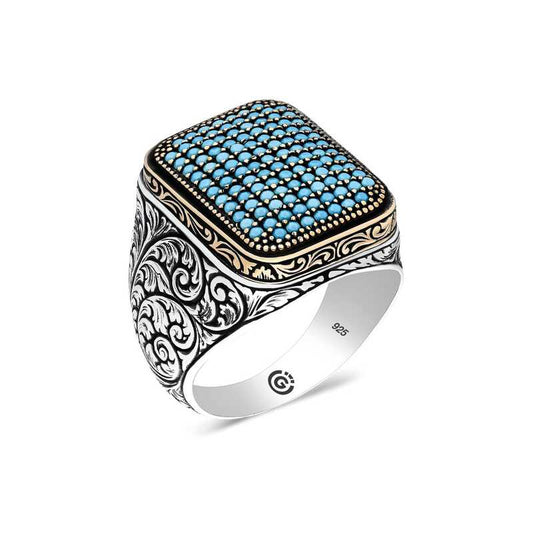Turquoise Zircon Stone Square Men's Silver Ring