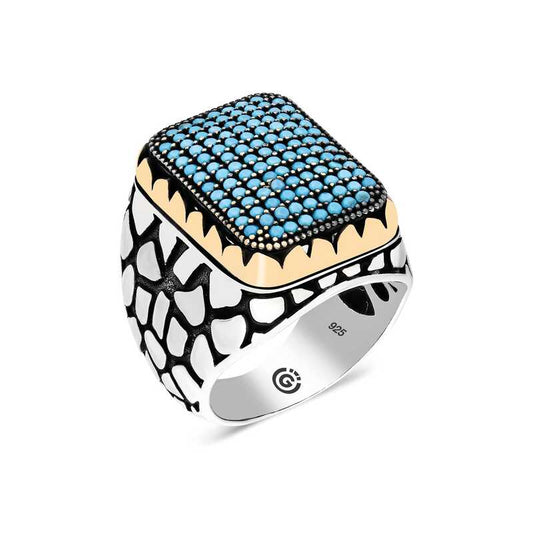 Turquoise Zircon Stone Square Men's Silver Ring