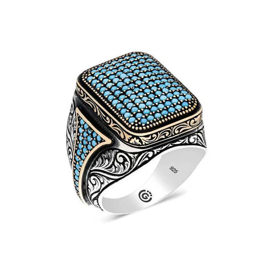 Turquoise Zircon Stone Square Men's Silver Ring