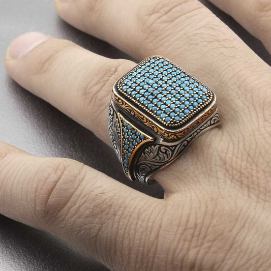 Türkis Zirkon Stein Quadrat Herren Silber Ring