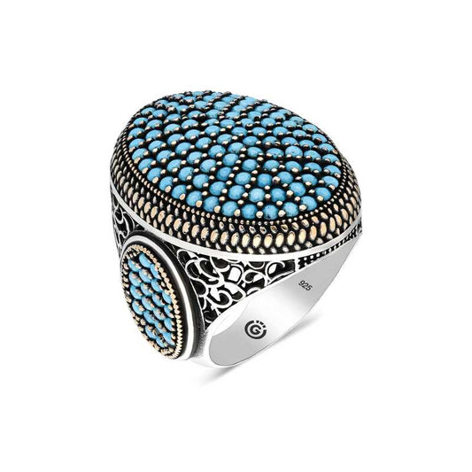 Turquoise Zircon Stone Oval Men's Silver Ring