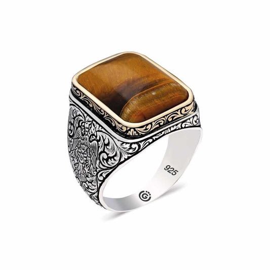 Tiger's Eye Stone Square Men's Silver Ring