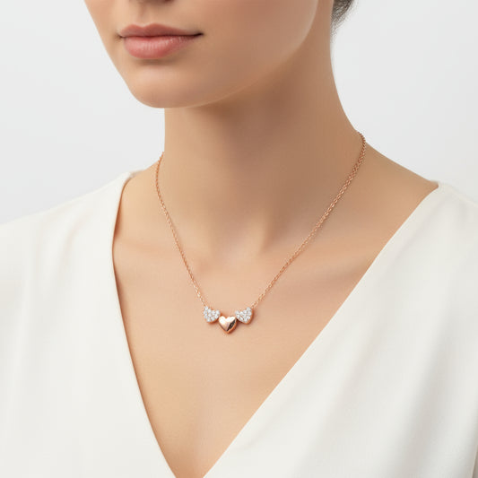 Rose Plated Three Heart Women's Silver Necklace