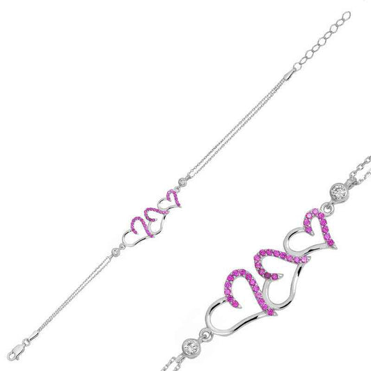 Pink Three Heart Women's Silver Bracelet