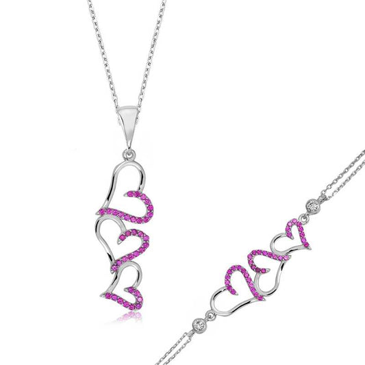 Ensemble en argent pour femme à trois cœurs roses