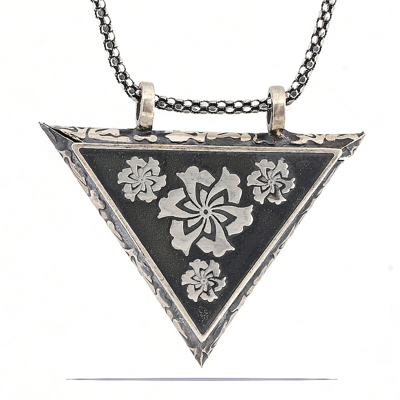 Silver Triangular Openable Flower Locket Necklace