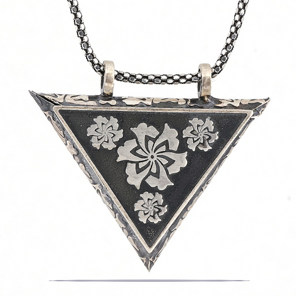 Silver Triangular Openable Flower Locket Necklace