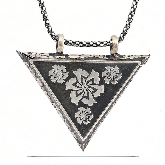 Silver Triangular Openable Flower Locket Necklace