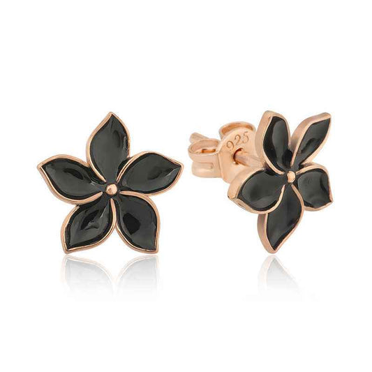 Black Jasmine Flower Stud Silver Earrings