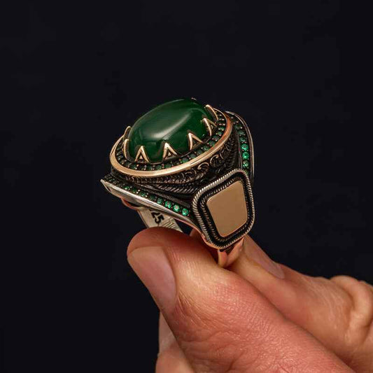 Green Agate Stone Men's Silver Ring