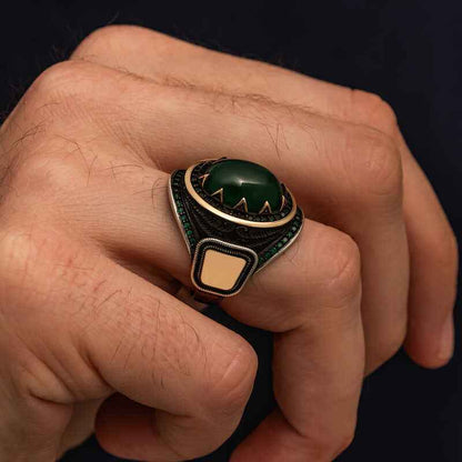 Green Agate Stone Men's Silver Ring
