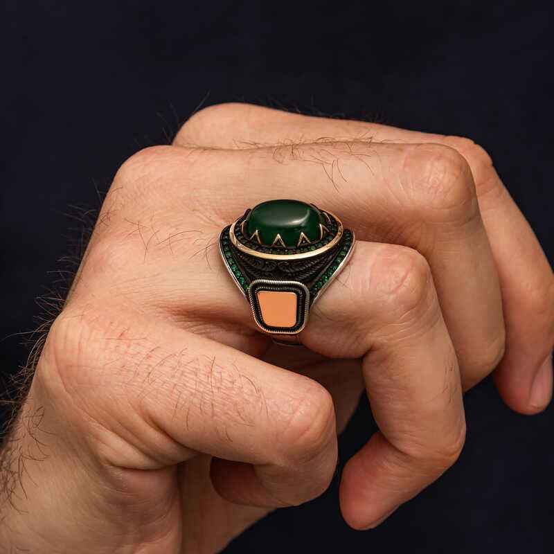 Green Agate Stone Men's Silver Ring