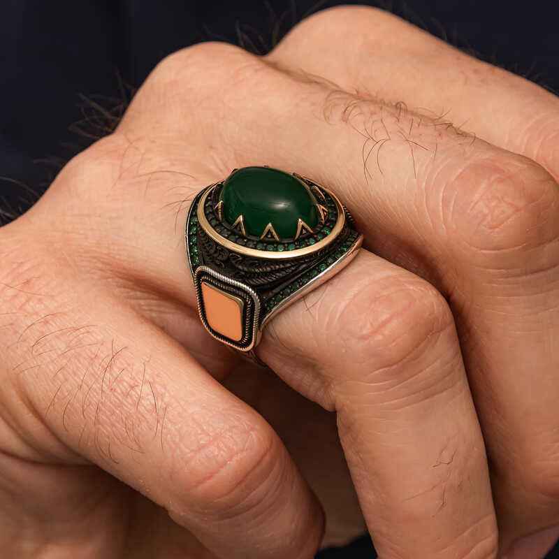 Green Agate Stone Men's Silver Ring