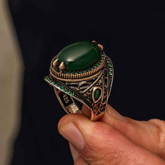 Green Agate Stone Men's Silver Ring