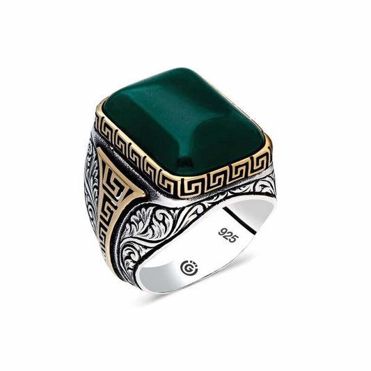 Green Agate Stone Square Men's Silver Ring