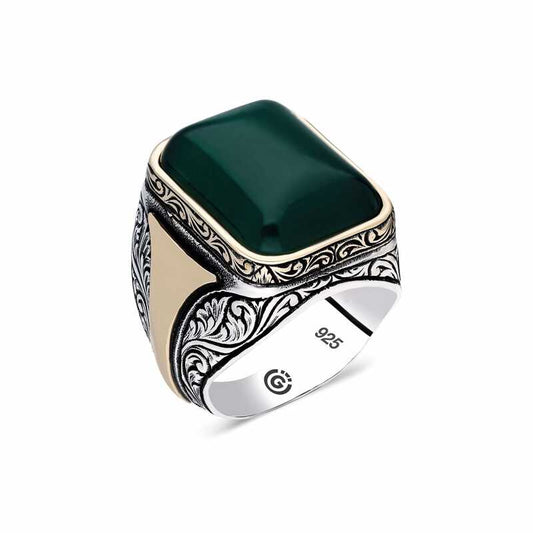 Patterned Green Agate Stone Square Men's Silver Ring