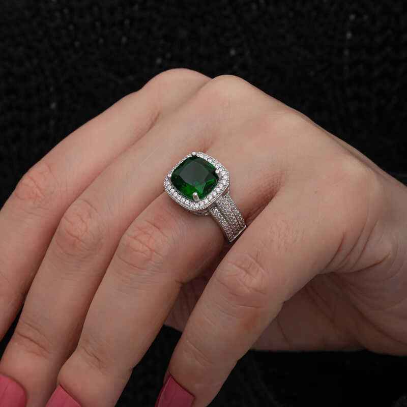 Green Baguette Square Women's Silver Ring