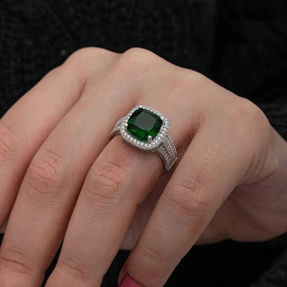 Green Baguette Square Women's Silver Ring