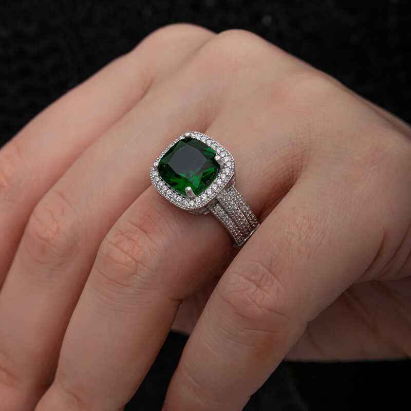 Green Baguette Square Women's Silver Ring