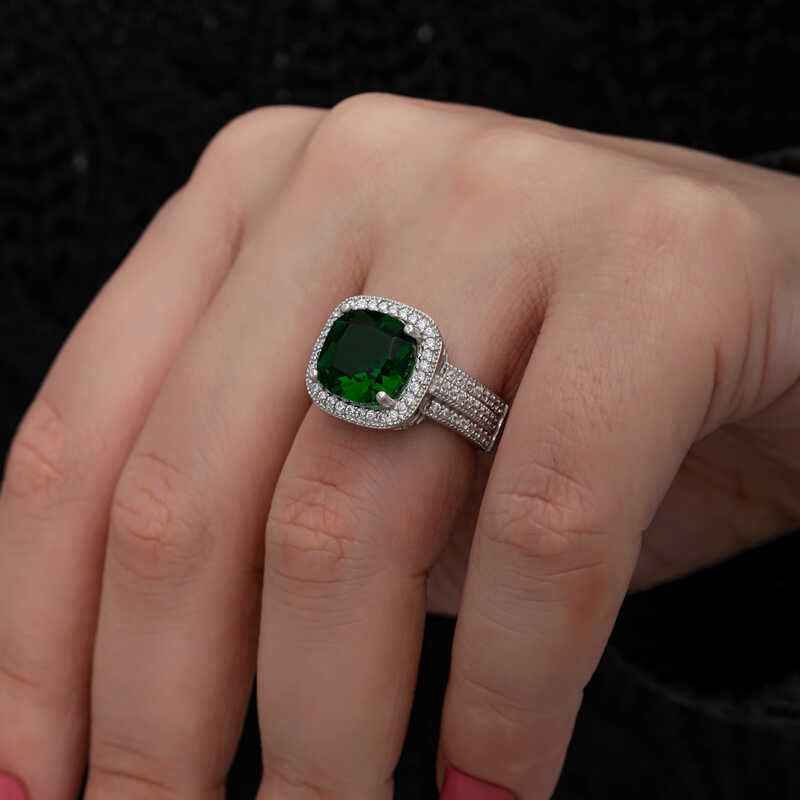 Green Baguette Square Women's Silver Ring